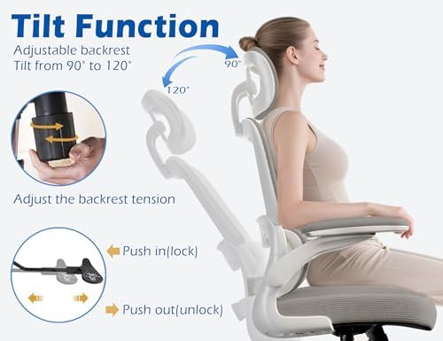 TRALT Ergonomic Office Chair   Desk Chair with Adjustable Headrest Lumbar Support Computer Chair   Mesh Comfy Chair with Flip up Armrests   Gaming Chairs for Adults Home Office  Leather  Grey 