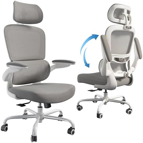 TRALT Ergonomic Office Chair   Desk Chair with Adjustable Headrest Lumbar Support Computer Chair   Mesh Comfy Chair with Flip up Armrests   Gaming Chairs for Adults Home Office  Leather  Grey 