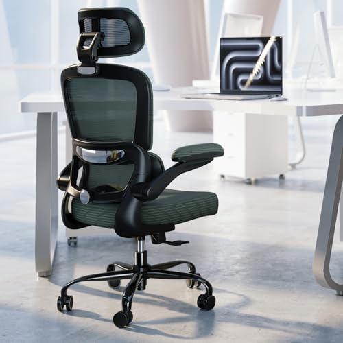 TRALT Ergonomic Office Chair   Desk Chair with Adjustable Headrest Lumbar Support Computer Chair   Mesh Comfy Chair with Flip up Armrests   Gaming Chairs for Adults Home Office  Leather  Grey 