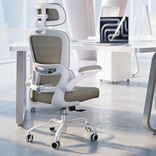 TRALT Ergonomic Office Chair   Desk Chair with Adjustable Headrest Lumbar Support Computer Chair   Mesh Comfy Chair with Flip up Armrests   Gaming Chairs for Adults Home Office  Leather  Grey 