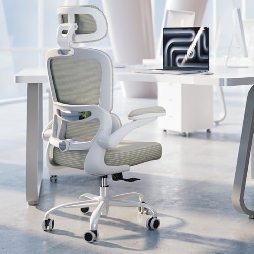 TRALT Ergonomic Office Chair   Desk Chair with Adjustable Headrest Lumbar Support Computer Chair   Mesh Comfy Chair with Flip up Armrests   Gaming Chairs for Adults Home Office  Leather  Grey 