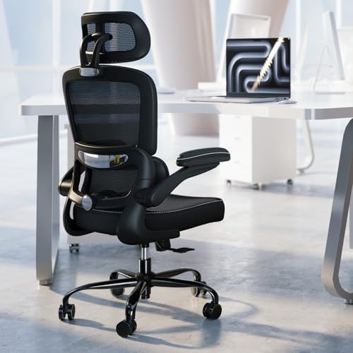 TRALT Ergonomic Office Chair   Desk Chair with Adjustable Headrest Lumbar Support Computer Chair   Mesh Comfy Chair with Flip up Armrests   Gaming Chairs for Adults Home Office  Leather  Grey 
