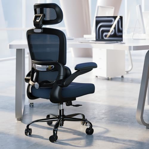 TRALT Ergonomic Office Chair   Desk Chair with Adjustable Headrest Lumbar Support Computer Chair   Mesh Comfy Chair with Flip up Armrests   Gaming Chairs for Adults Home Office  Leather  Grey 