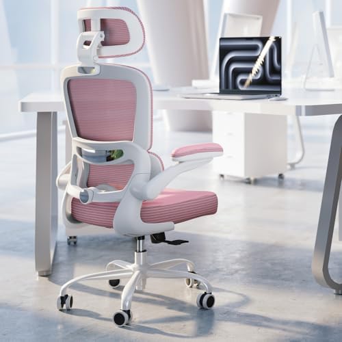 TRALT Ergonomic Office Chair   Desk Chair with Adjustable Headrest Lumbar Support Computer Chair   Mesh Comfy Chair with Flip up Armrests   Gaming Chairs for Adults Home Office  Leather  Grey 