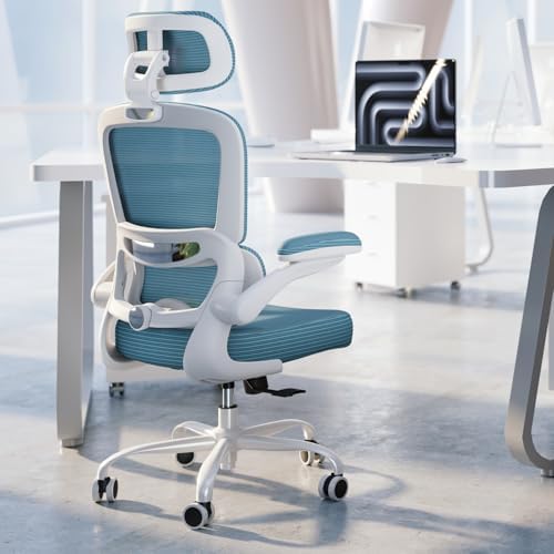 TRALT Ergonomic Office Chair   Desk Chair with Adjustable Headrest Lumbar Support Computer Chair   Mesh Comfy Chair with Flip up Armrests   Gaming Chairs for Adults Home Office  Leather  Grey 