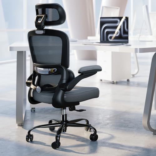 TRALT Ergonomic Office Chair   Desk Chair with Adjustable Headrest Lumbar Support Computer Chair   Mesh Comfy Chair with Flip up Armrests   Gaming Chairs for Adults Home Office  Leather  Grey 