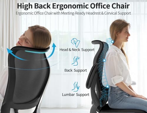 TRALT Ergonomic Office Chair   Desk Chair with Wave High Back Adjustable Lumbar Support Computer Chair   Gaming Chairs Mesh Backrest and PU Leather Seat for Home Reading Chairs to Adults Black 