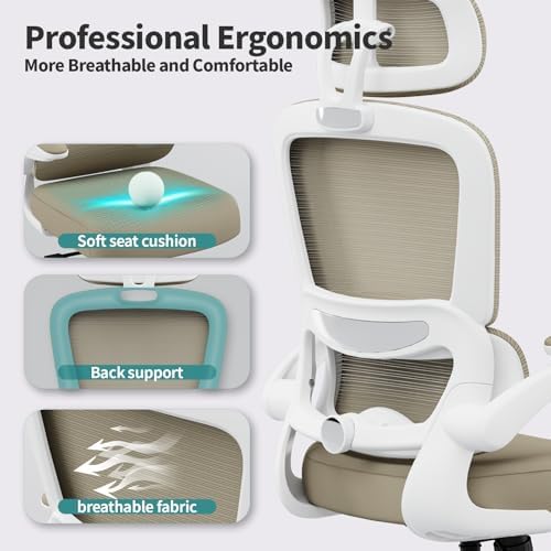 TRALT Office Chair Ergonomic Desk Chair  330 LBS Home Mesh Office Desk Chairs with Wheels  Comfortable Gaming Chair  High Back Office Chair for Long Hours  Beige 