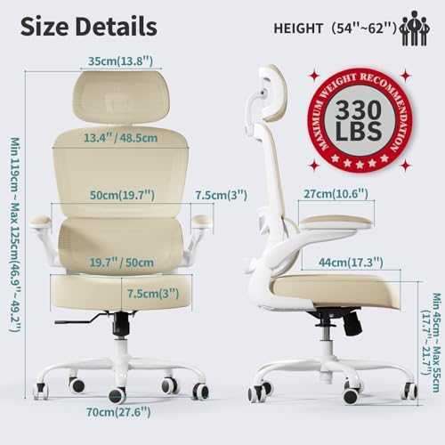 TRALT Office Chair Ergonomic Desk Chair  330 LBS Home Mesh Office Desk Chairs with Wheels  Comfortable Gaming Chair  High Back Office Chair for Long Hours  Beige 