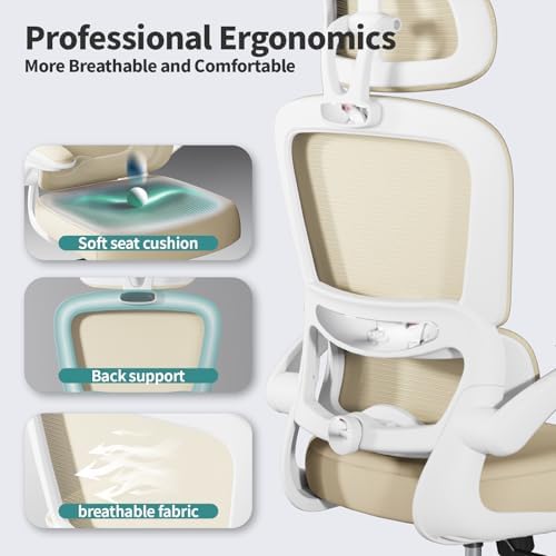 TRALT Office Chair Ergonomic Desk Chair  330 LBS Home Mesh Office Desk Chairs with Wheels  Comfortable Gaming Chair  High Back Office Chair for Long Hours  Beige 