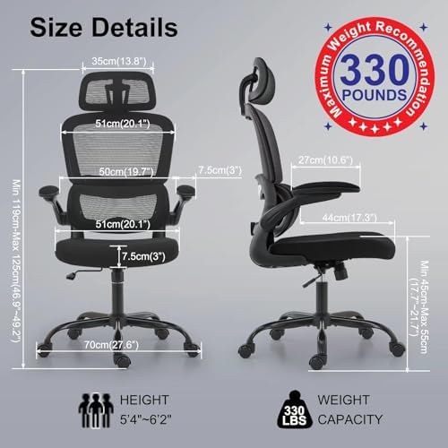 TRALT Office Chair Ergonomic Desk Chair  330 LBS Home Mesh Office Desk Chairs with Wheels  Comfortable Gaming Chair  High Back Office Chair for Long Hours  Black