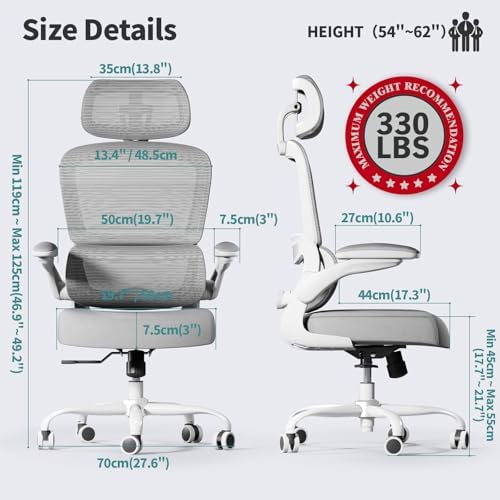 TRALT Office Chair Ergonomic Desk Chair  330 LBS Home Mesh Office Desk Chairs with Wheels  Comfortable Gaming Chairs  Light Grey 