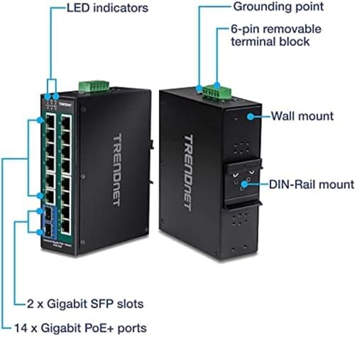 TRENDnet 16 Port Hardened Industrial Unmanaged Gigabit PoE  DIN Rail Switch; TI PG162; 14 x Gigabit Ports; 2 x Gigabit SFP Slots; 32Gbps; IP30 Gigabit Network Ethernet Switch; Lifetime Protection