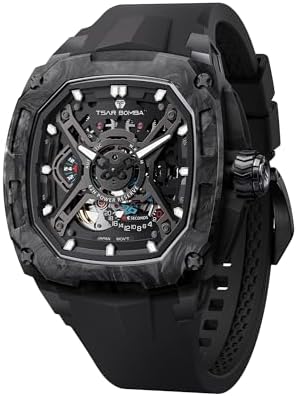 TSAR BOMBA Luxury Mechanical Watches for Men with Carbon Fiber Case Men Wristwatch Luminous 5ATM Water Resistant Mens Watch with Fluorine Rubber Strap Great Gifts for Men
