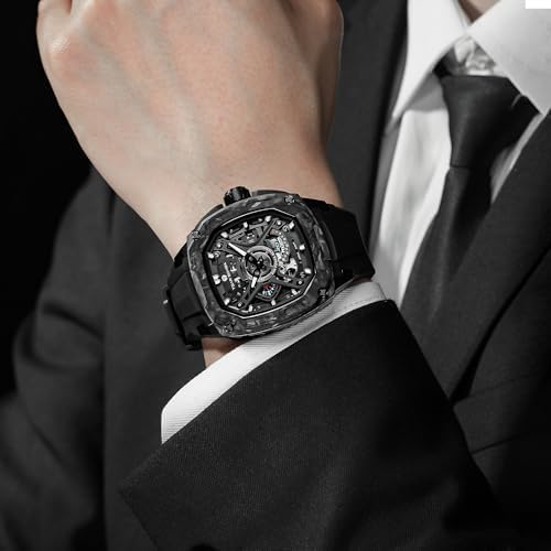 TSAR BOMBA Luxury Mechanical Watches for Men with Carbon Fiber Case Men Wristwatch Luminous 5ATM Water Resistant Mens Watch with Fluorine Rubber Strap Great Gifts for Men