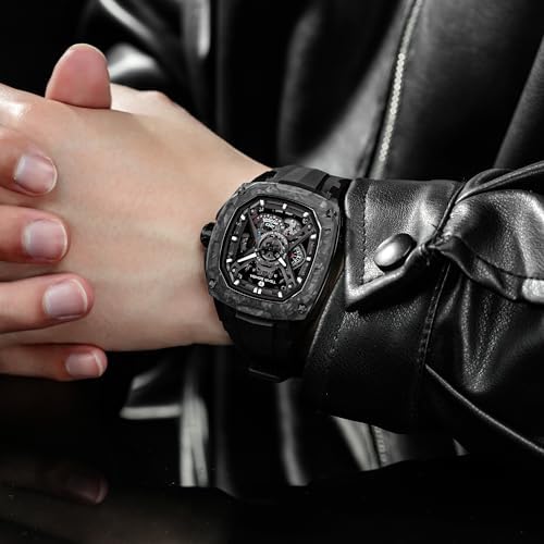 TSAR BOMBA Luxury Mechanical Watches for Men with Carbon Fiber Case Men Wristwatch Luminous 5ATM Water Resistant Mens Watch with Fluorine Rubber Strap Great Gifts for Men