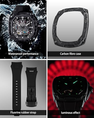 TSAR BOMBA Luxury Mechanical Watches for Men with Carbon Fiber Case Men Wristwatch Luminous 5ATM Water Resistant Mens Watch with Fluorine Rubber Strap Great Gifts for Men