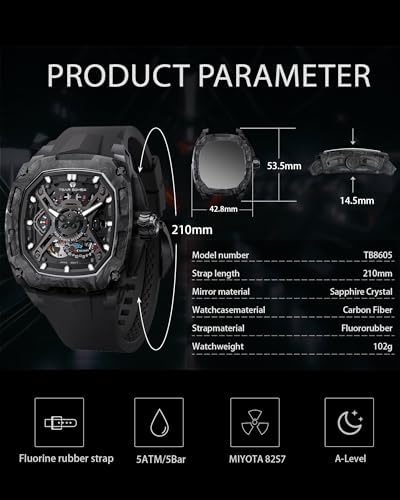 TSAR BOMBA Luxury Mechanical Watches for Men with Carbon Fiber Case Men Wristwatch Luminous 5ATM Water Resistant Mens Watch with Fluorine Rubber Strap Great Gifts for Men