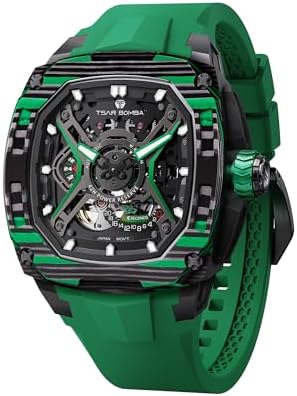 TSAR BOMBA Luxury Mechanical Watches for Men with Carbon Fiber Case Men Wristwatch Luminous 5ATM Water Resistant Mens Watch with Fluorine Rubber Strap Great Gifts for Men