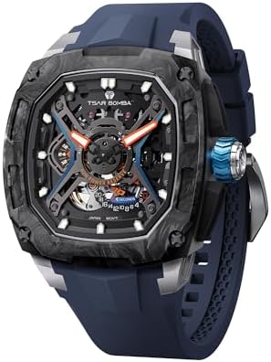 TSAR BOMBA Luxury Mechanical Watches for Men with Carbon Fiber Case Men Wristwatch Luminous 5ATM Water Resistant Mens Watch with Fluorine Rubber Strap Great Gifts for Men