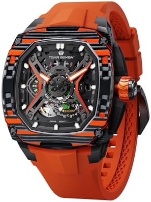TSAR BOMBA Luxury Mechanical Watches for Men with Carbon Fiber Case Men Wristwatch Luminous 5ATM Water Resistant Mens Watch with Fluorine Rubber Strap Great Gifts for Men