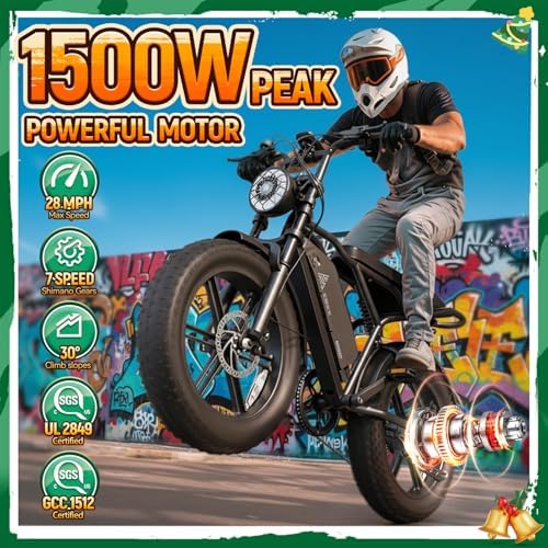 TST Electric Bike for Adults  1500W Peak Motor 28 MPH 60/100 Miles Fat Tire Ebike with 48V 15Ah/25Ah Removable Battery 20 Electric Dirt Bike Hydraulic Suspension and 7 Speed