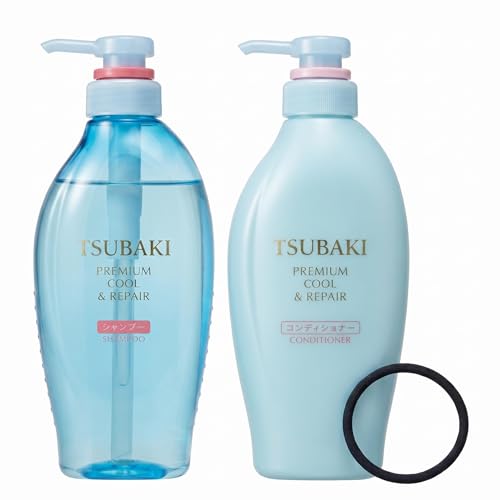 TSUBAKI Blue Premium Cool Hair Shampoo and Conditioner Set  450ml x 2  Mint Refreshing Hair Care Bundles with Exclusive Brand Hair Tie
