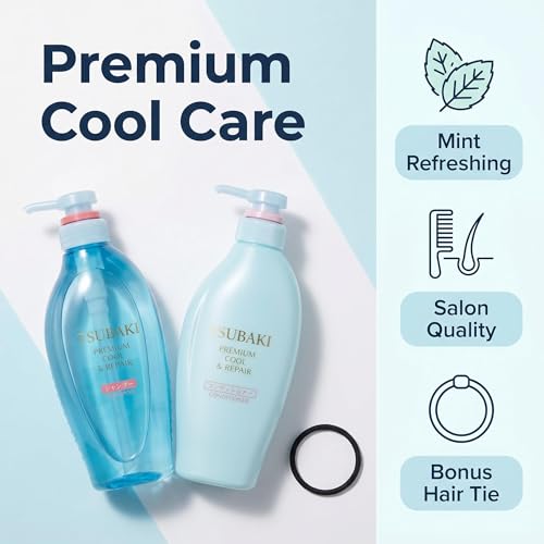 TSUBAKI Blue Premium Cool Hair Shampoo and Conditioner Set  450ml x 2  Mint Refreshing Hair Care Bundles with Exclusive Brand Hair Tie