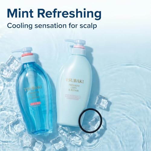 TSUBAKI Blue Premium Cool Hair Shampoo and Conditioner Set  450ml x 2  Mint Refreshing Hair Care Bundles with Exclusive Brand Hair Tie