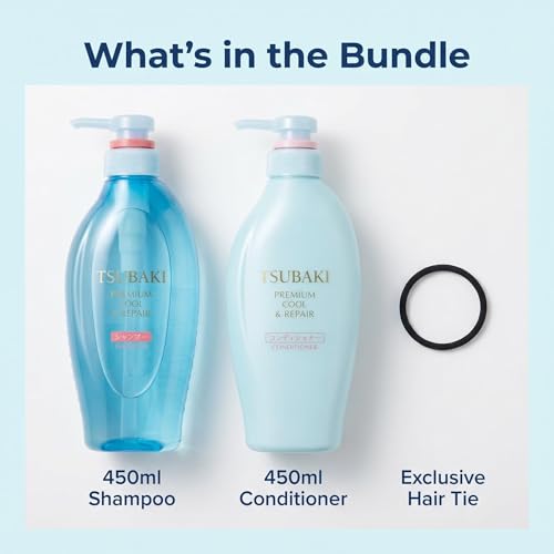 TSUBAKI Blue Premium Cool Hair Shampoo and Conditioner Set  450ml x 2  Mint Refreshing Hair Care Bundles with Exclusive Brand Hair Tie