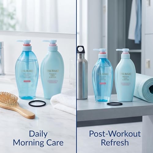 TSUBAKI Blue Premium Cool Hair Shampoo and Conditioner Set  450ml x 2  Mint Refreshing Hair Care Bundles with Exclusive Brand Hair Tie