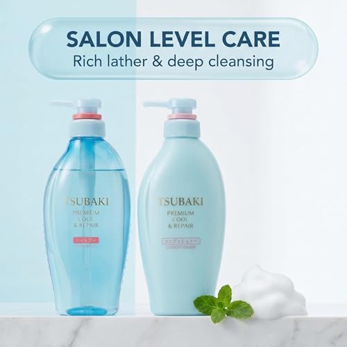 TSUBAKI Blue Premium Cool Hair Shampoo and Conditioner Set  450ml x 2  Mint Refreshing Hair Care Bundles with Exclusive Brand Hair Tie