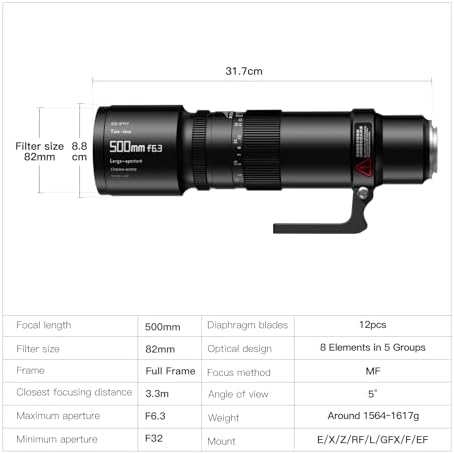 TTArtisan 500mm F/6 3 Telephoto Lens for Nikon Z Mount  500mm F6 3 Supertelephoto Full Frame Manual Focus Prime Lens Compatiable with Z Mount Z5 Z6 Z7 Z6II Z7II ZFC Z30 Z50 Z9 Camera