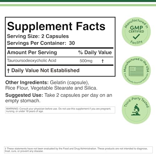 TUDCA Bile Salts Liver Support Supplement  500mg Servings  Liver and Gallbladder Cleanse Supplement  60 Capsules  250mg  Genuine Bile Acid TUDCA with Strong Bitter Taste by Double Wood
