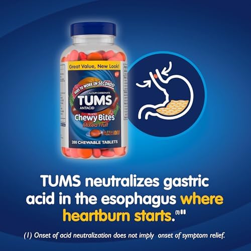 TUMS Chewy Bites Chewable Antacid Tablets for Ultra Strength Heartburn Relief  Great for a Summer BBQ  Mixed Fruit   200 Count