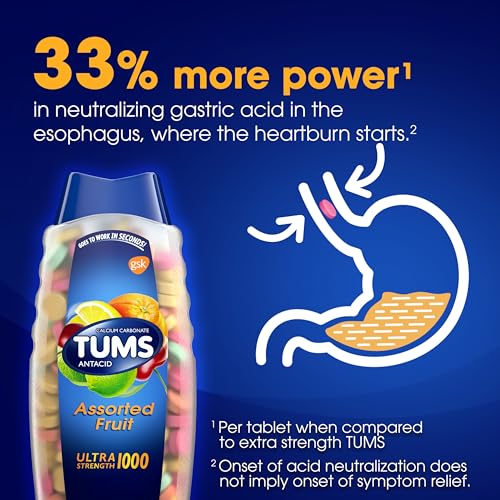 TUMS Ultra Strength Antacid Tablets for Chewable Heartburn Relief and Acid Indigestion Relief  Assorted Fruit   72 Count