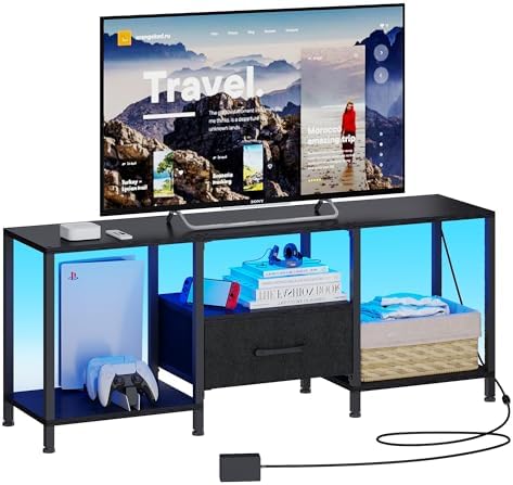 TV Stand with LED Lights  Entertainment Center with Open Shelves and Fabric Drawer  Media Console for 55 Inch TV  Television Stands for Living Room  Bedroom  Black