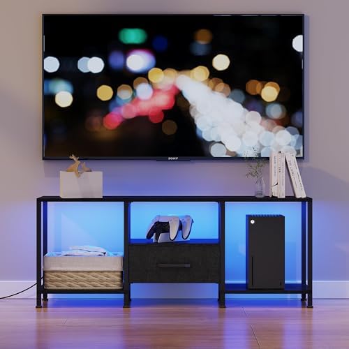 TV Stand with LED Lights  Entertainment Center with Open Shelves and Fabric Drawer  Media Console for 55 Inch TV  Television Stands for Living Room  Bedroom  Black