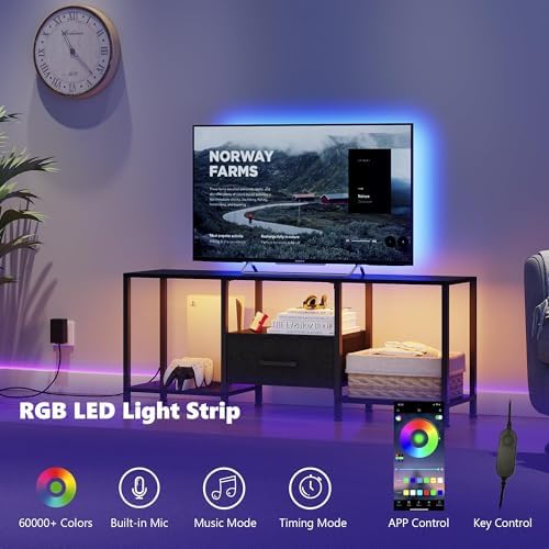 TV Stand with LED Lights  Entertainment Center with Open Shelves and Fabric Drawer  Media Console for 55 Inch TV  Television Stands for Living Room  Bedroom  Black