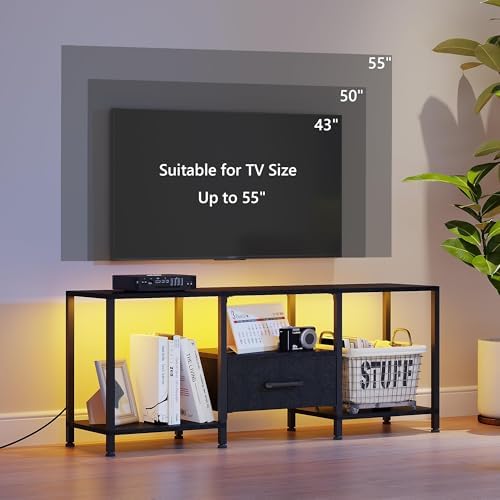 TV Stand with LED Lights  Entertainment Center with Open Shelves and Fabric Drawer  Media Console for 55 Inch TV  Television Stands for Living Room  Bedroom  Black