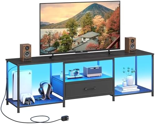TV Stand with LED Lights  Entertainment Center with Open Shelves and Fabric Drawer  Media Console for 55 Inch TV  Television Stands for Living Room  Bedroom  Black