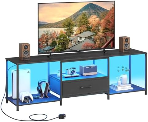 TV Stand with LED Lights  Entertainment Center with Open Shelves and Fabric Drawer  Media Console for 55 Inch TV  Television Stands for Living Room  Bedroom  Black