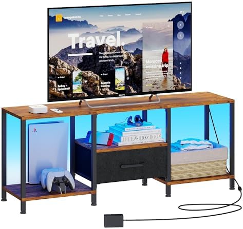 TV Stand with LED Lights  Entertainment Center with Open Shelves and Fabric Drawer  Media Console for 55 Inch TV  Television Stands for Living Room  Bedroom  Black