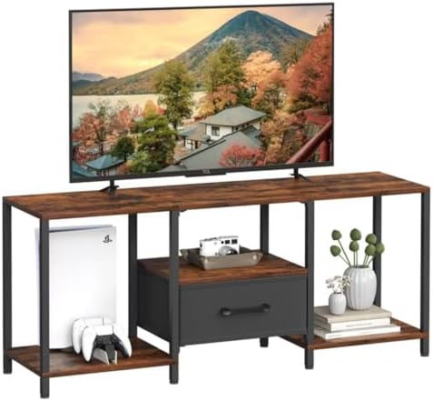 TV Stand with LED Lights  Entertainment Center with Open Shelves and Fabric Drawer  Media Console for 55 Inch TV  Television Stands for Living Room  Bedroom  Black