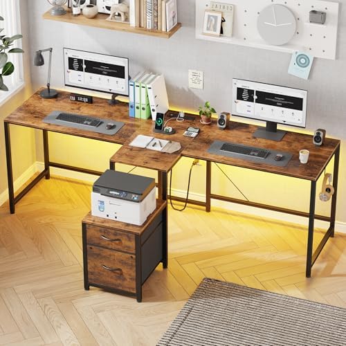 T Shaped 2 Person Desk with Power Outlet  Long Two Person Gaming Table with LED & Fabric Drawers  81 2 Computer Desks with File Cabinet  Double Workstation for Home Office  Rustic Brown