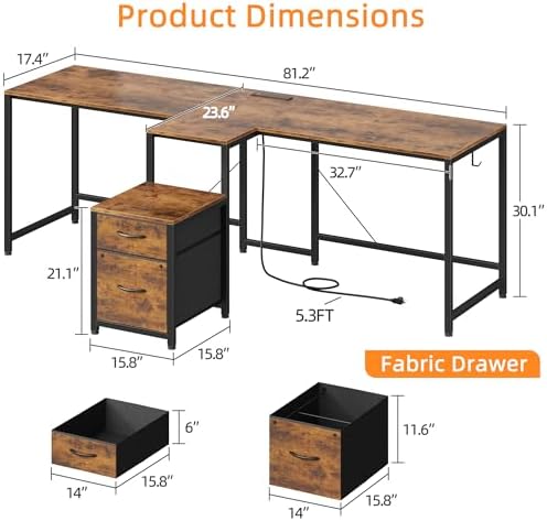 T Shaped 2 Person Desk with Power Outlet  Long Two Person Gaming Table with LED & Fabric Drawers  81 2 Computer Desks with File Cabinet  Double Workstation for Home Office  Rustic Brown