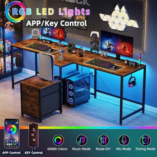 T Shaped 2 Person Desk with Power Outlet  Long Two Person Gaming Table with LED & Fabric Drawers  81 2 Computer Desks with File Cabinet  Double Workstation for Home Office  Rustic Brown