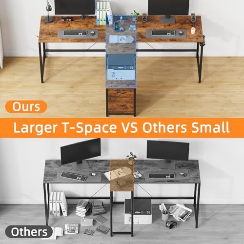 T Shaped 2 Person Desk with Power Outlet  Long Two Person Gaming Table with LED & Fabric Drawers  81 2 Computer Desks with File Cabinet  Double Workstation for Home Office  Rustic Brown