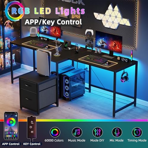 T Shaped 2 Person Desk with Power Outlet  Long Two Person Gaming Table with LED & Fabric Drawers  81 2 Computer Desks with File Cabinet  Double Workstation for Home Office  Rustic Brown