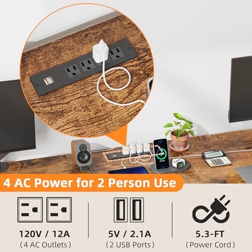 T Shaped 2 Person Desk with Power Outlet  Long Two Person Gaming Table with LED & Fabric Drawers  81 2 Computer Desks with File Cabinet  Double Workstation for Home Office  Rustic Brown